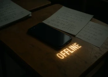 A photograph captures a smartphone placed face-down on a scratched wooden school desk, casting a soft glow that projects the word "OFFLINE" onto the surface. Surrounding the phone are exam papers filled with handwritten notes and mathematical equations. The lighting is moody and focused, emphasizing the contrast between the polished phone and the worn desk, evoking a sense of intentional disconnection and focused study.