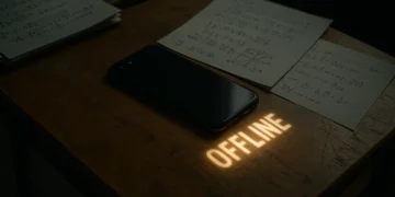 A photograph captures a smartphone placed face-down on a scratched wooden school desk, casting a soft glow that projects the word "OFFLINE" onto the surface. Surrounding the phone are exam papers filled with handwritten notes and mathematical equations. The lighting is moody and focused, emphasizing the contrast between the polished phone and the worn desk, evoking a sense of intentional disconnection and focused study.