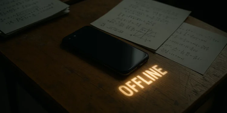 A photograph captures a smartphone placed face-down on a scratched wooden school desk, casting a soft glow that projects the word "OFFLINE" onto the surface. Surrounding the phone are exam papers filled with handwritten notes and mathematical equations. The lighting is moody and focused, emphasizing the contrast between the polished phone and the worn desk, evoking a sense of intentional disconnection and focused study.