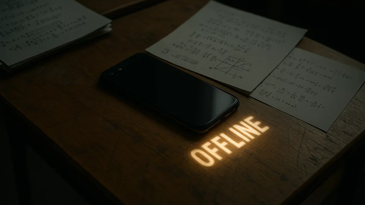 A photograph captures a smartphone placed face-down on a scratched wooden school desk, casting a soft glow that projects the word "OFFLINE" onto the surface. Surrounding the phone are exam papers filled with handwritten notes and mathematical equations. The lighting is moody and focused, emphasizing the contrast between the polished phone and the worn desk, evoking a sense of intentional disconnection and focused study.