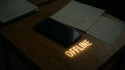 A photograph captures a smartphone placed face-down on a scratched wooden school desk, casting a soft glow that projects the word "OFFLINE" onto the surface. Surrounding the phone are exam papers filled with handwritten notes and mathematical equations. The lighting is moody and focused, emphasizing the contrast between the polished phone and the worn desk, evoking a sense of intentional disconnection and focused study.