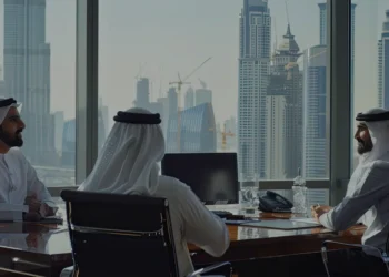 Knowledge workers in UAE and Saudi Arabia using AI agents in a modern office with Gulf skyline in background