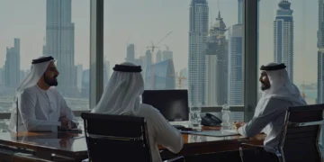 Knowledge workers in UAE and Saudi Arabia using AI agents in a modern office with Gulf skyline in background