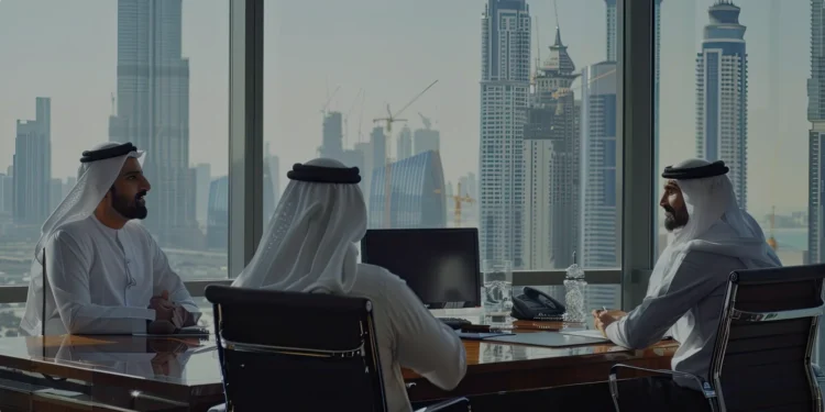 Knowledge workers in UAE and Saudi Arabia using AI agents in a modern office with Gulf skyline in background